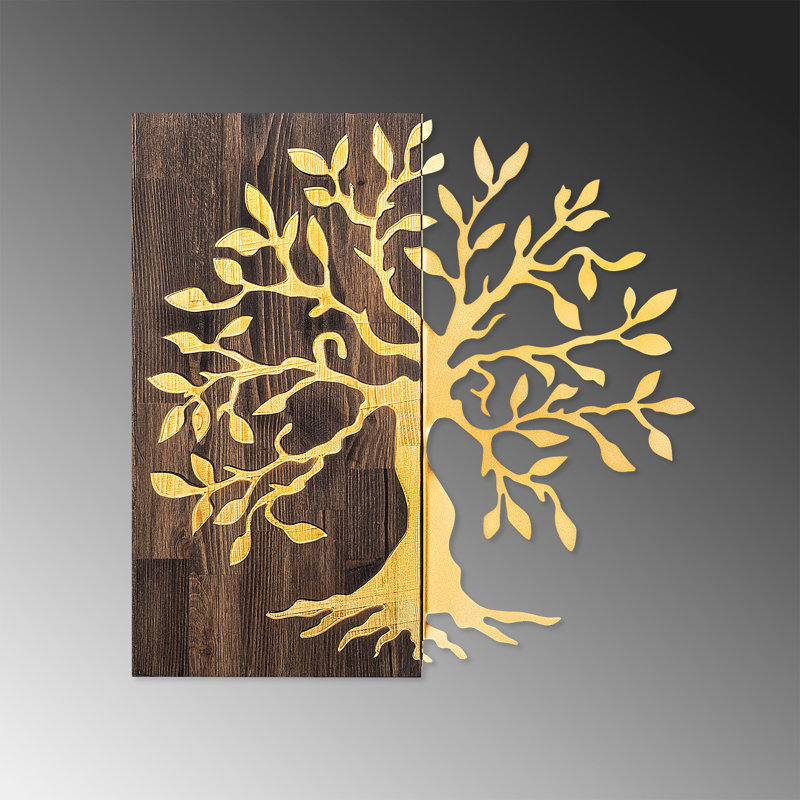 Elegant Decorative Wooden Wall Accessory, Walnut & Gold, 22.8 x 22.8 inches | 50% Real Wood (Thickness: 1.2 inches) & 50% Metal (Thickness: 0.06 inches) | Versatile Wall Décor, Unique Color Variations, Easy Installation