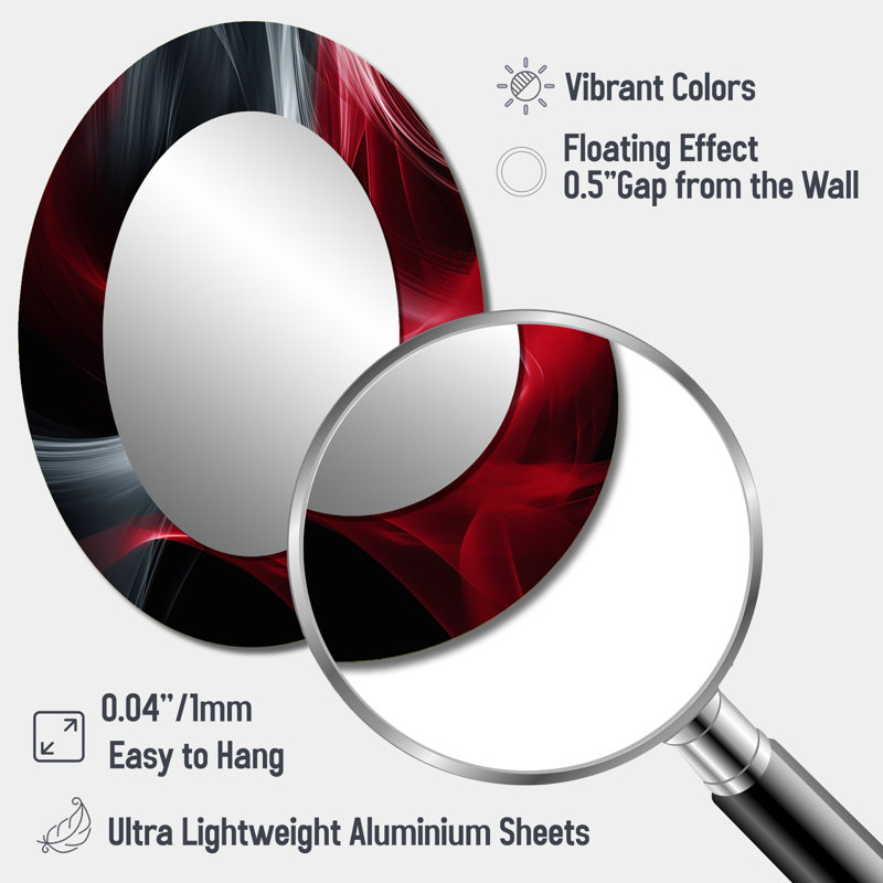 Pentti Red Black Contemplative Abstraction X - Waves Decorative Wall Mirror, Modern Large Mirror, Printed Metal Art, Oval
