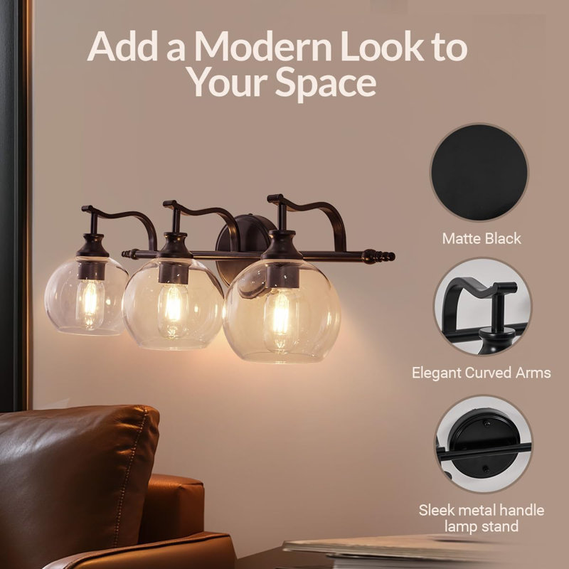 Luminaire de salle de bain noir, luminaire de salle de bain 3 lumières avec abat-jour sphérique transparent, applique murale antirouille pour miroir, éclairage de style campagne moderne pour la salle de bain, la chambre à coucher ou la salle d'eau