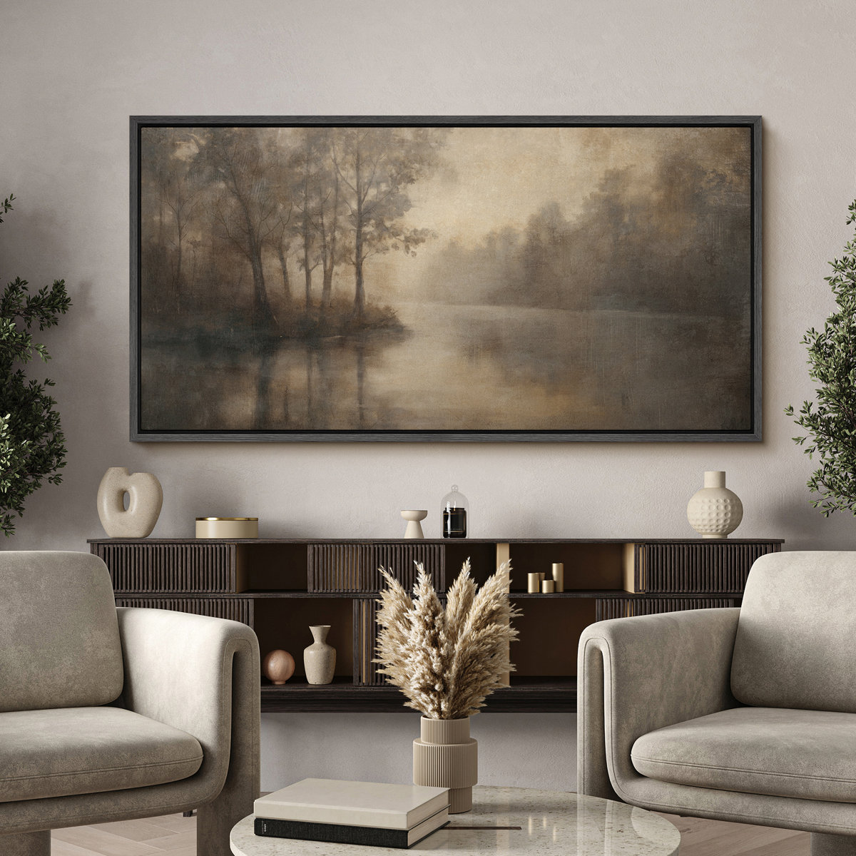 wall26 Rustic Forest River Framed Canvas – Vintage Landscape Wall Art ...