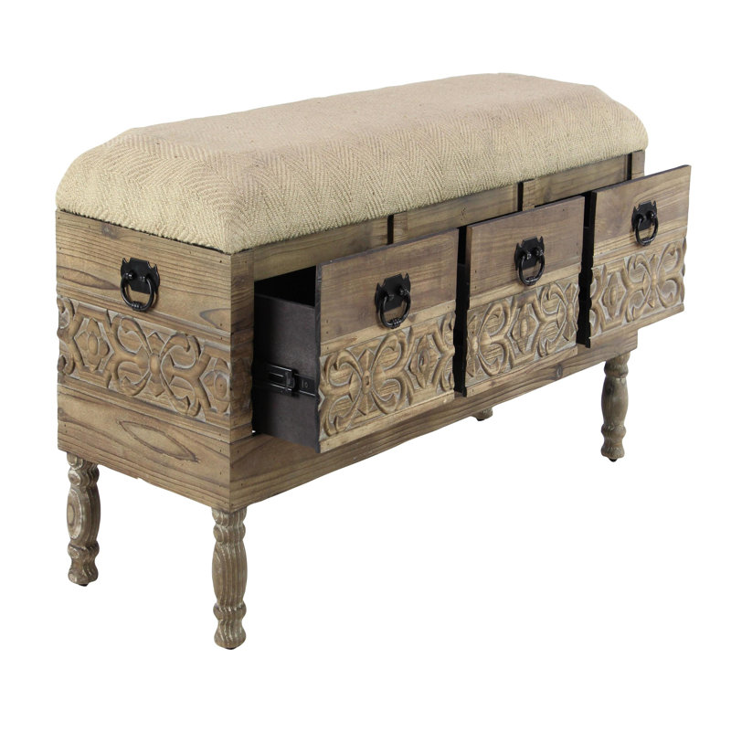 Banc de rangement en bois brun à motif floral avec plateau en toile de jute crème
