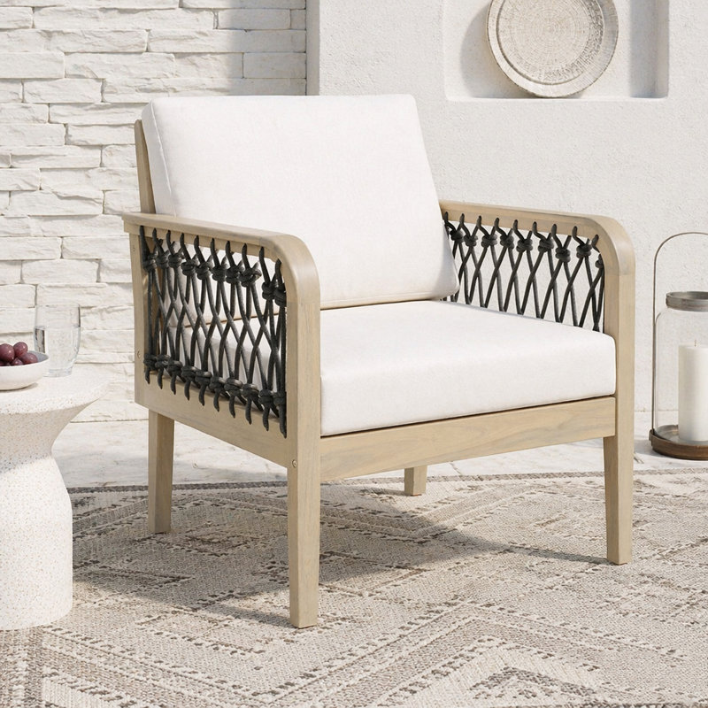 Fauteuil club d'extérieur en bois d'acacia avec corde tissée à la main, Light Teak