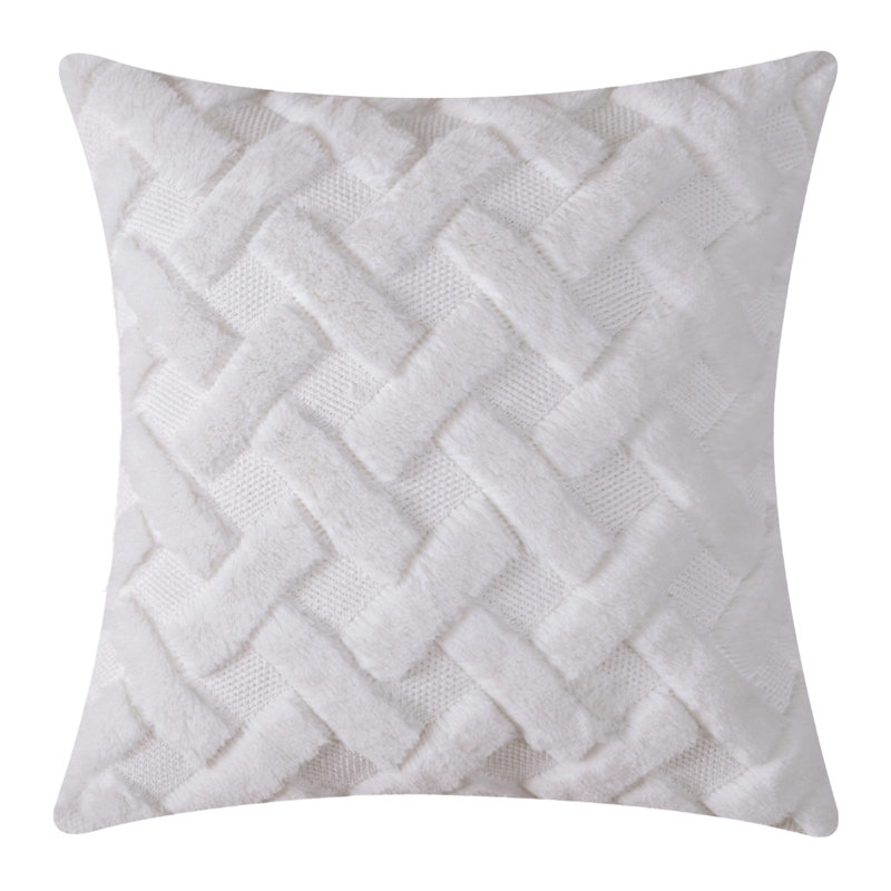 Housse et insert de coussin en fausse fourrure carrée brodée, Blanc