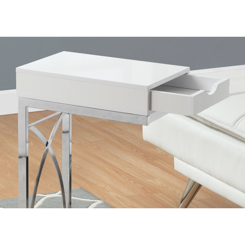 Table d'appoint, en forme de C, bout, côté, collation, tiroir de rangement, salon, chambre à coucher, stratifié brillant, métal, contemporain, moderne