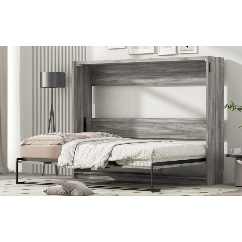 Grey Full Size Bed That Can Be Folded Into Cabinet, Space - Feature, Metal Frame And , No Spring Box Needed, Easy Assembly Project, Manageable Foldable To Solid For Durability, Wood Slats Support