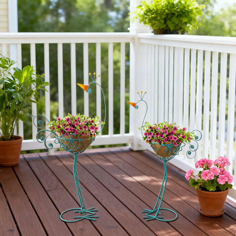 Support pour plante en métal paon avec pots de coco coco, élégant support à fleurs pour l'extérieur