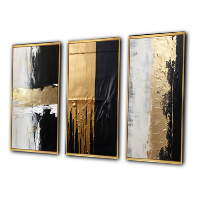 3 Pieces on Canvas - Horizontal Dimensions Abstract Gold Black