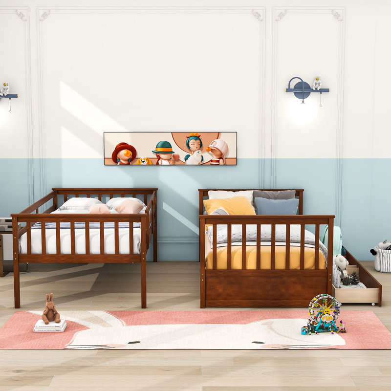 Ehsaan Kids Twin Over Twin Bunk Bed with Drawers, Walnut