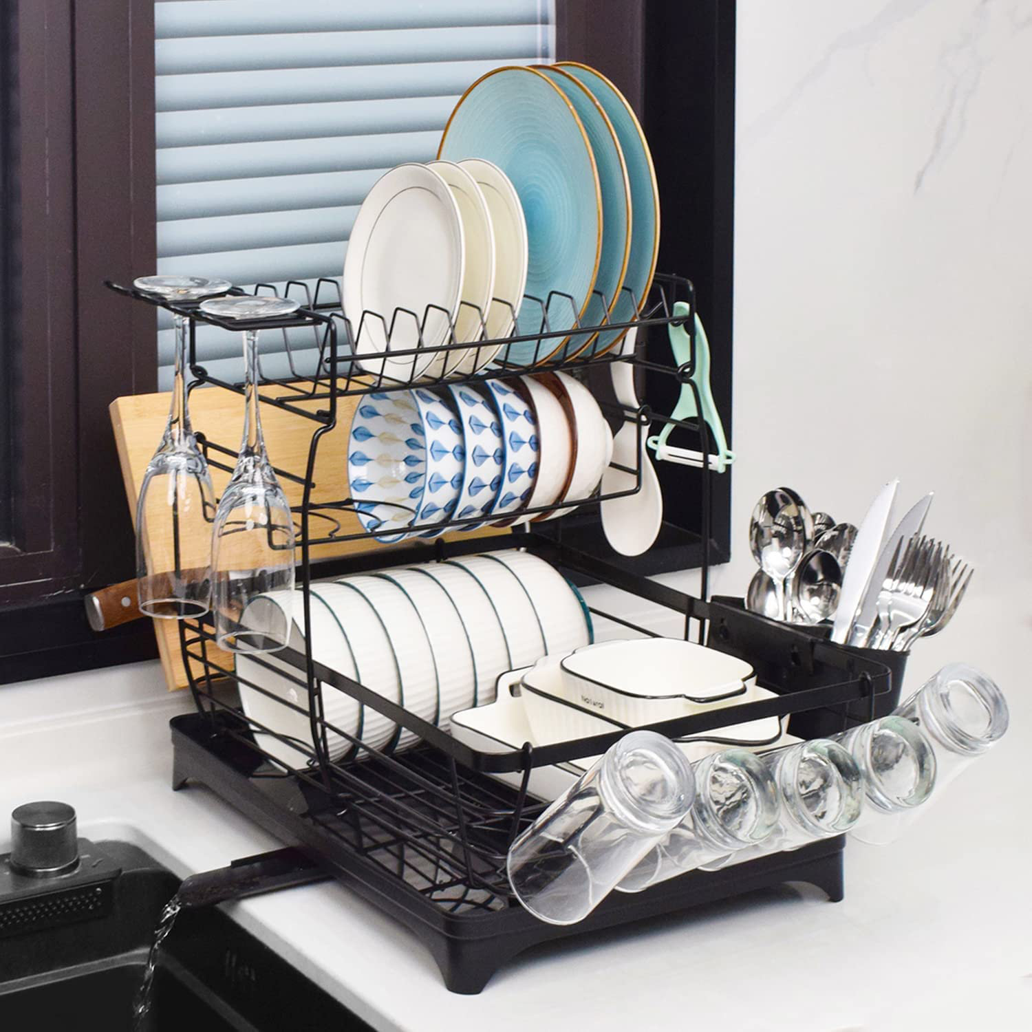 Prep & Savour Clayson Double Tier Stainless Steel Dish Rack, With  Drainboard Set And Utensil Holder & Reviews