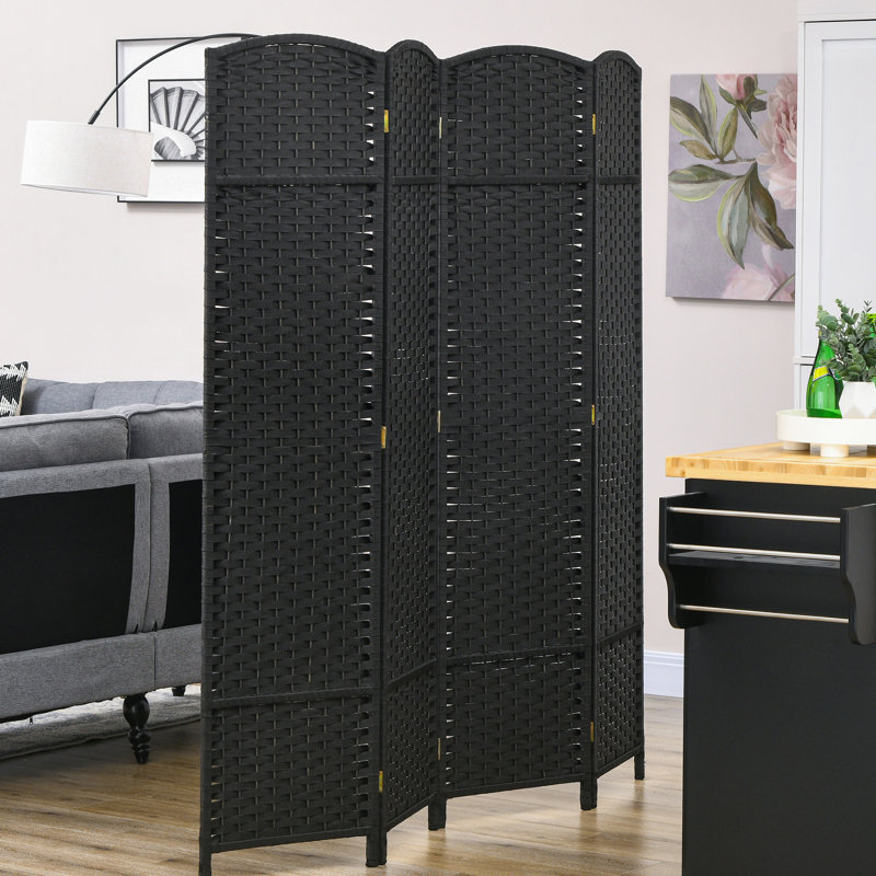 Paravent 4 panneaux de 5,6 pi de hauteur Noir avec style tissé à la main avant-gardiste et plateau arqué gracieux pour la maison. Chambre polyvalente, bureau. Structure en bois, sangles en polypropylène.