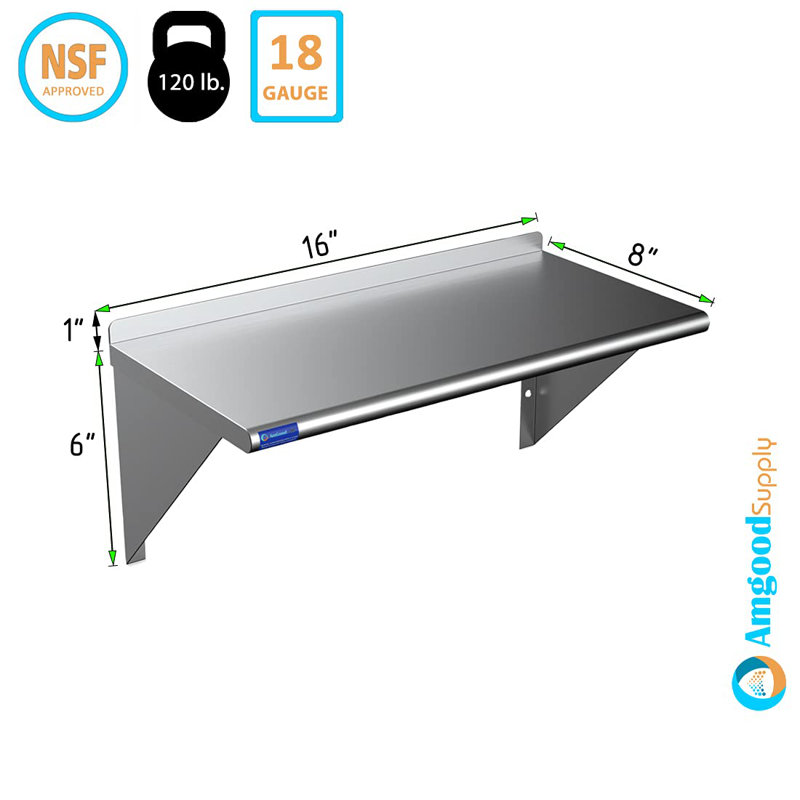 Tablette murale utilitaire en métal., H 7 po x l 16 po x P 8 po, Argent