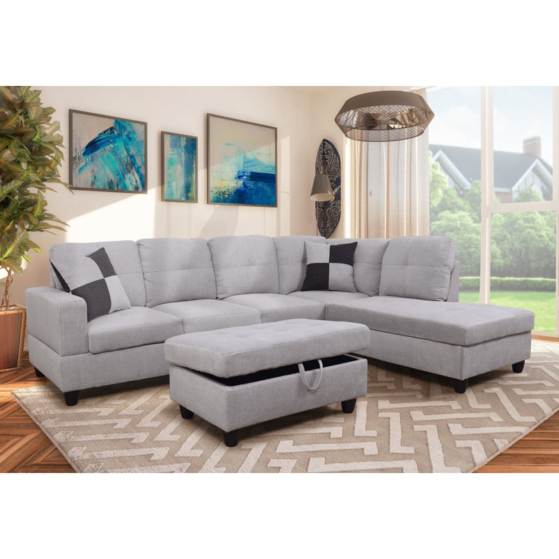 Aiddan 103" Wide Left Hand Facing Sofa & Chaise with Ottoman, Right Hand Facing, Gray Microfiber/Linen Blend