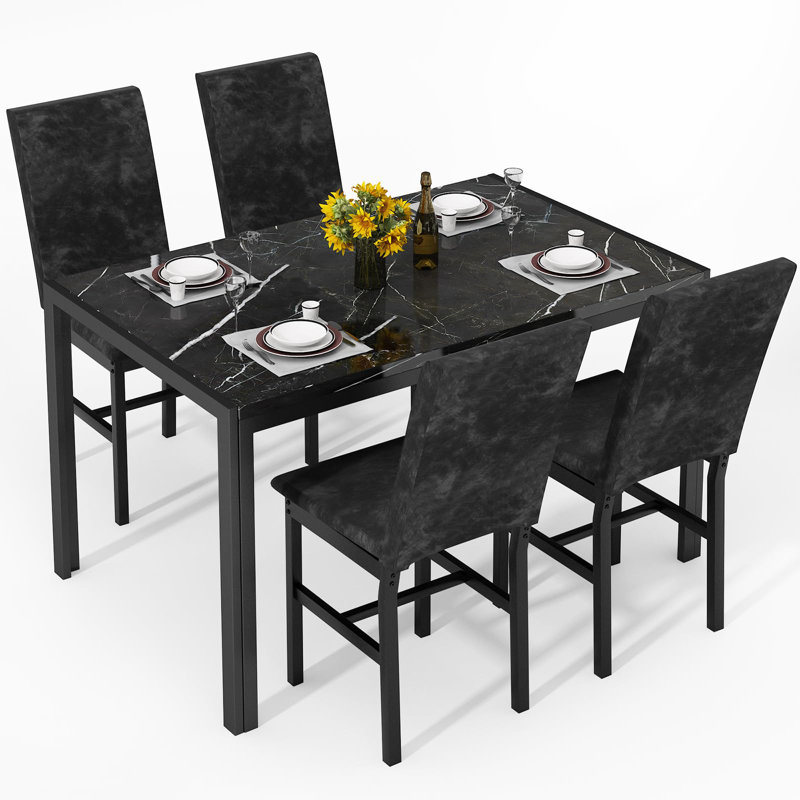 5-Piece Faux Marble Dining Table Set with Velvet Chairs, Black