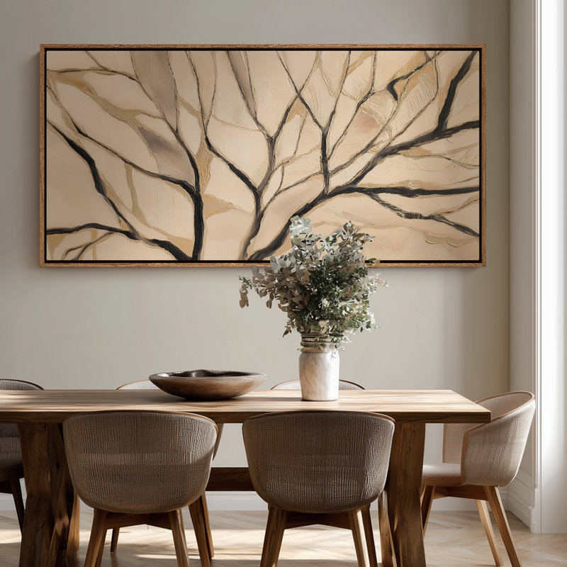 Motif de branche d'arbre doré sur toile texturée pour impression d'art de salle à manger, Naturel, H 30 po x l 60 po