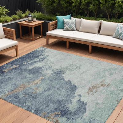9' X 12' Pale Aqua And Taupe Abstract Washable Indoor Outdoor Area Rug