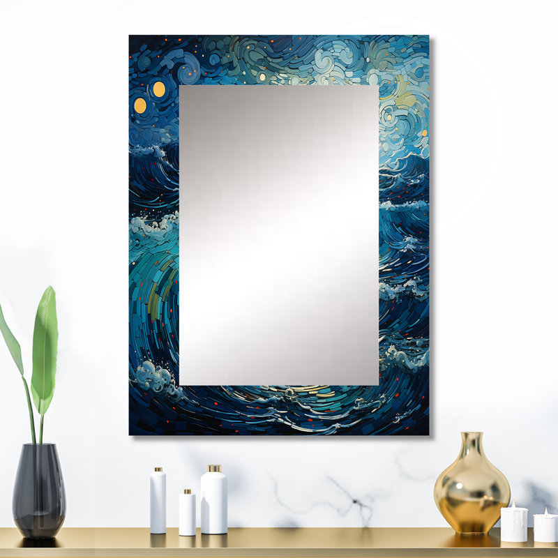 Teal Yellow Ocean Coastal Serenade Pointillism I - Ocean Decorative Mirror, Teal Large Wall Mirror, Printed Metal Art