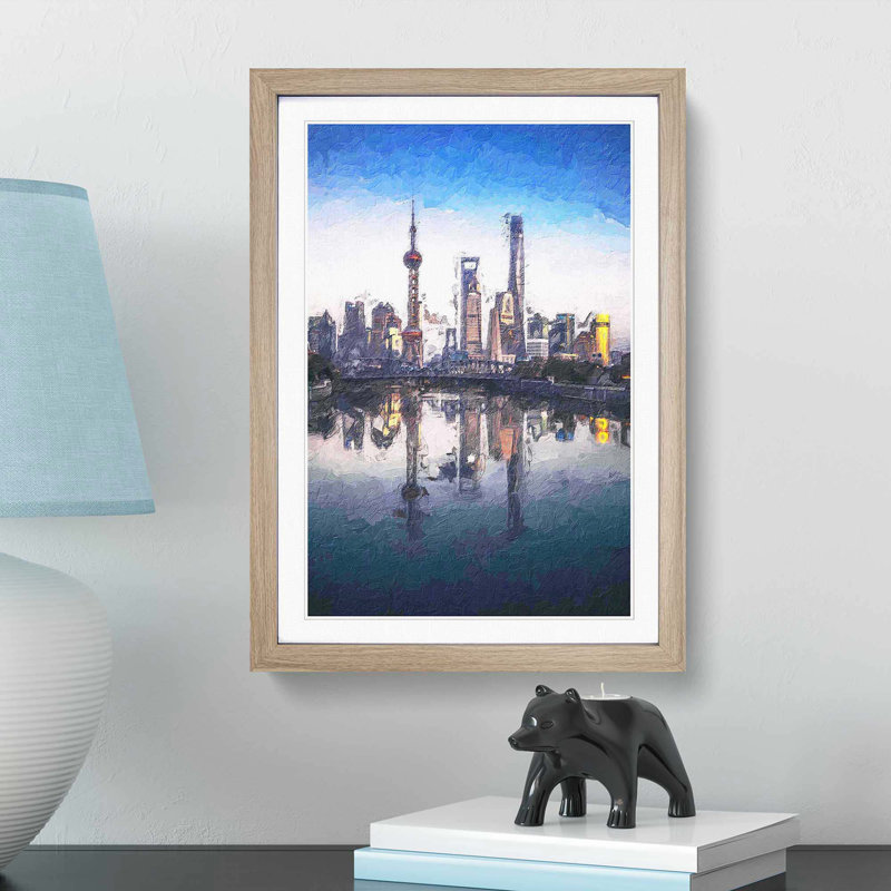 Shanghai Skyline Reflection - Picture Frame Painting Print, 48cm H x 36cm W x 2cm D, Oak Framed