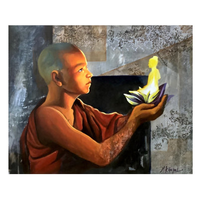 Monk Worship Buddha | Mk Goyal | Mix Media On Canvas