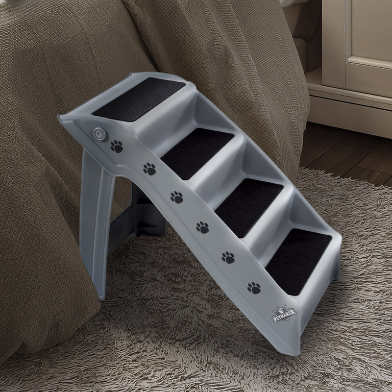 Gray Foldable 4-Step Plastic Pet Stairs with Paw Prints