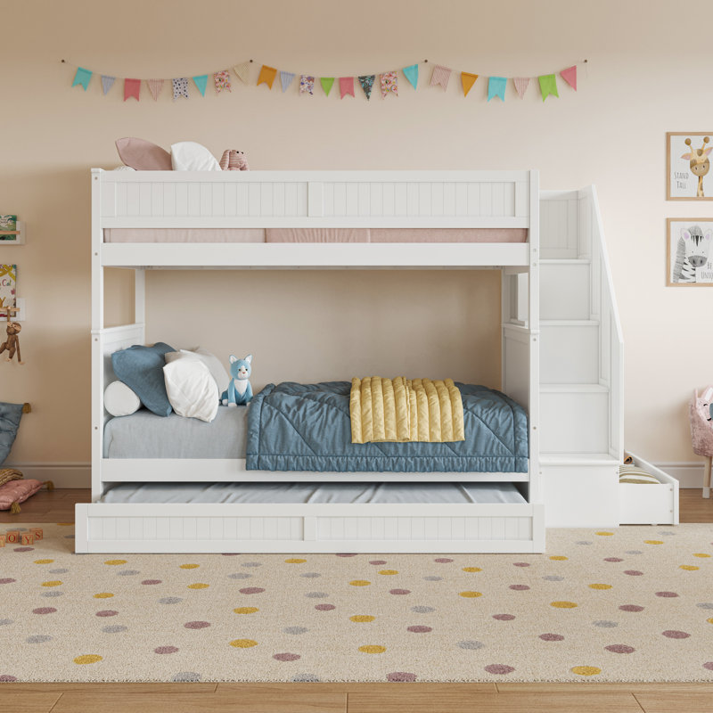 Keaire Staircase Bunk Bed with Storage Drawer and Twin Trundle, White, Twin Over Twin