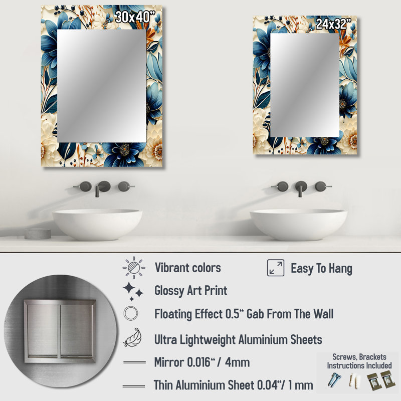 Caityln Boho blanc bleu fleurs d'hibiscus - miroir mural floral unique, miroir floral, art imprimé en métal, 32 po x 24 po