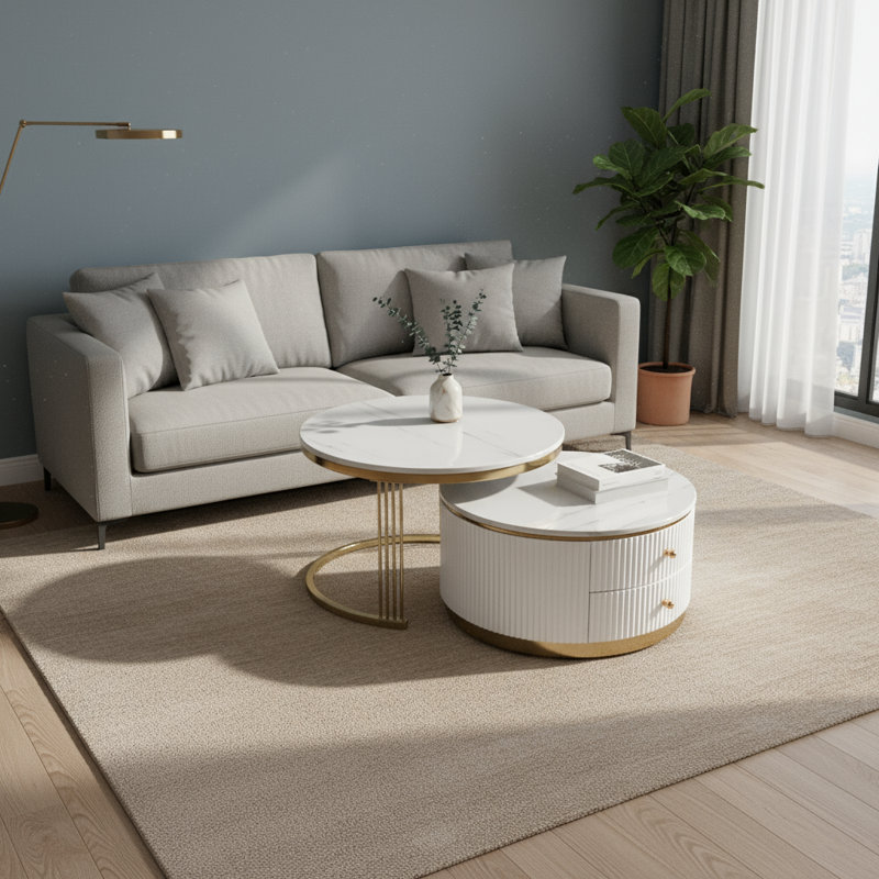 Tables basses gigognes modernes, rondes blanches, avec tiroirs
