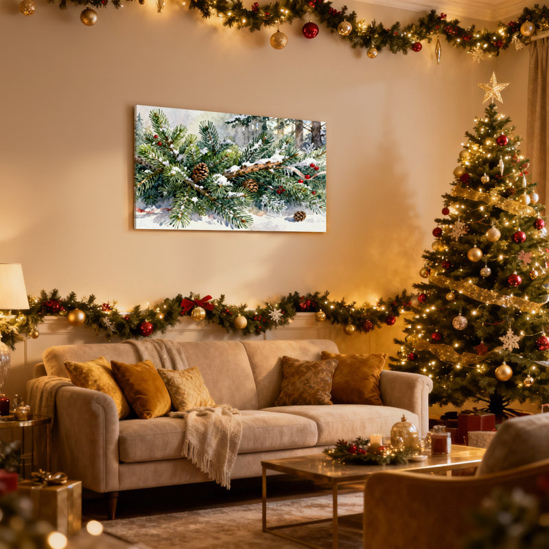 Ensemble de 3 impressions sur toile de Noël, branches de pin enneigées avec baies et cônes, H 20 po x l 30 po