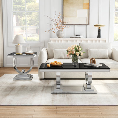 Blum 2-Piece Glass Coffee Table Set, 10Mm Tempered Glass Tops And Mirror-Polished Stainless Steel Frames, Rectangular Coffee Table And Square End Tabl