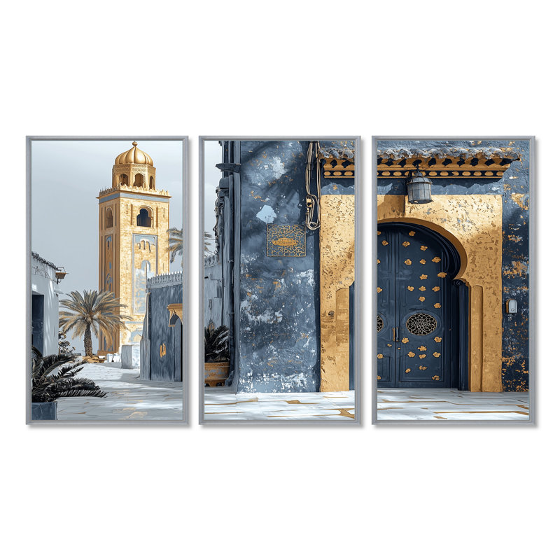 Ensemble de salon art mural or marocain Casablanca I, Toile argentée avec cadre flottant, H 28 po x l 36 po x P 1 po