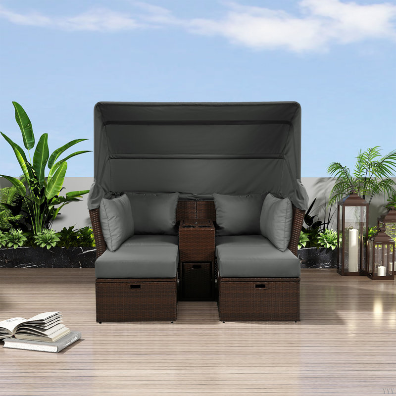 Ensemble de canapé-lit double d'extérieur 2 places avec auvent pliable et coussins pour le jardin, le balcon et la piscine