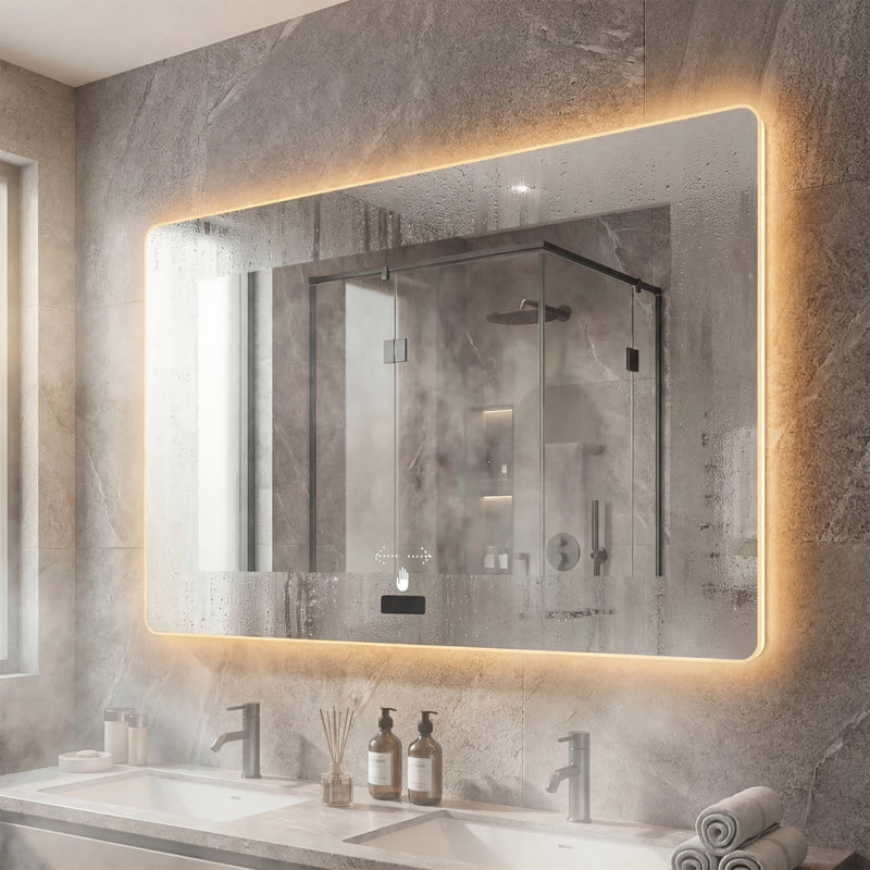 48" x 32" Frameless Sensing LED Bathroom Mirror, Smart Gesture Control, 3-Color Dimmable Lighting, Auto Defogger, Explosion-Proof Glass, IP-Rated Waterproof