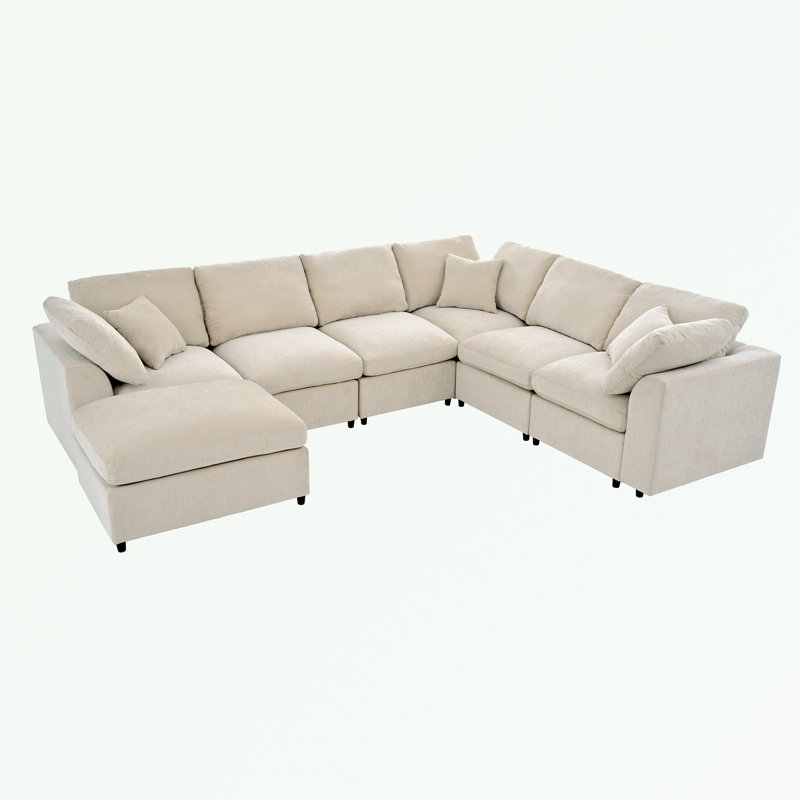 Canapé modulaire modulaire en chenille avec repose-pieds mobile, Chenille beige