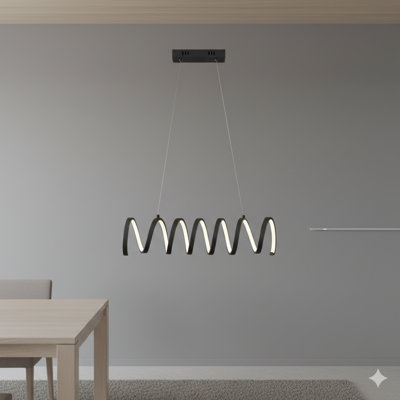 An Integrated LED Pendant Light With A Spiral Loop Design Made Of Aluminum, Consuming 14W, Measuring 23"L X 6"H, With An Adjustable Suspension Wire Ranging From 12 To 47 Inches.