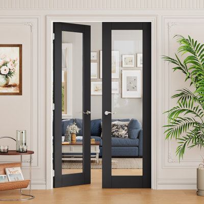 Interior 1-Lite Black & Clear Glass Door, CARB P2 MDF & SGCC Tempered Glass French Doors, Satin Nickel Hardware-Privacy Door Lever with Lock, Latch & Hinges, Pre‑Finished & Waterproof, Pantry, Bedroom, Bathroom & Closet, Easy DIY Stain, 48"x 80"