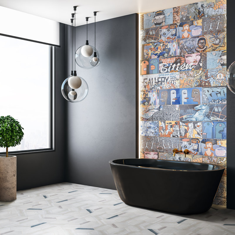 Matter Hex Canvas 8' x 9' Stone Look Wall & Floor Tile, Bone/Blue