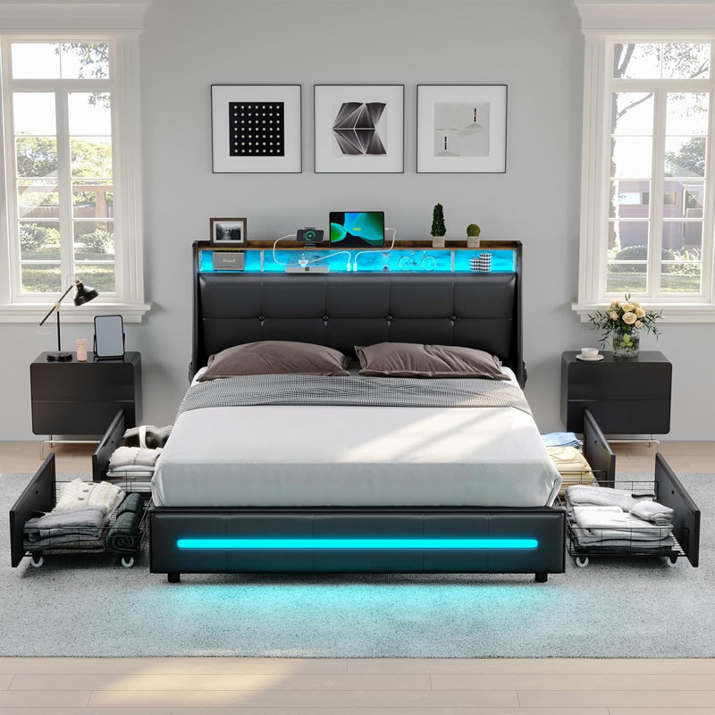 LED Upholstered Platform Bed Frame with 4 Storage Drawers and Storage Headboard, Queen, Black PU