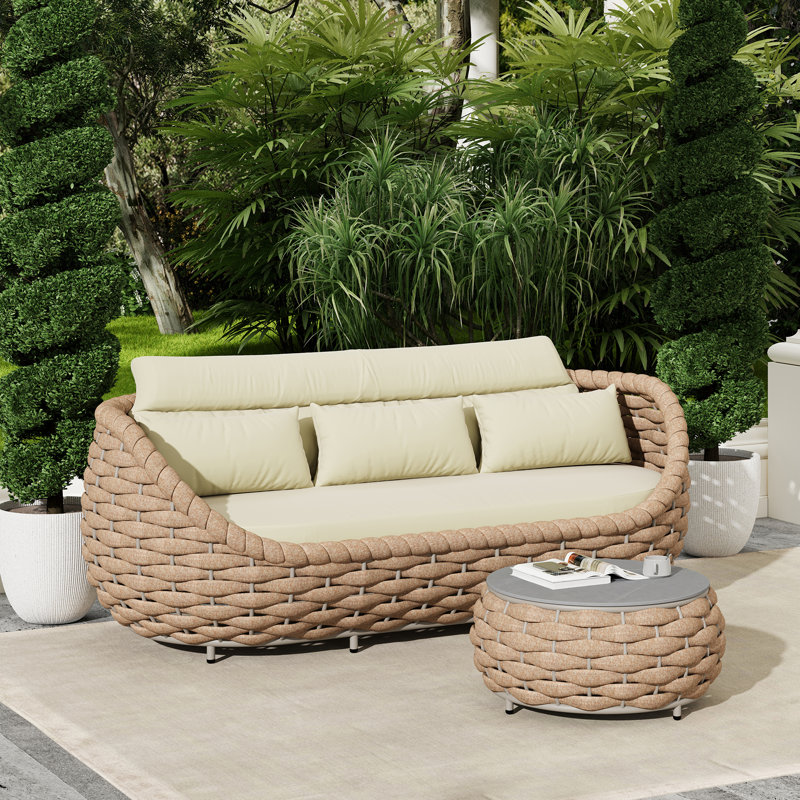 Ensemble de 2 pièces de canapé d'extérieur en aluminium thermolaqué avec table basse, Brun / Blanc, Crème, Corde Textilene