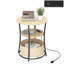 Table basse Table d'appoint ronde avec station de charge, table de bout à 3 niveaux avec sac de rangement en tissu et tablette, bois naturel