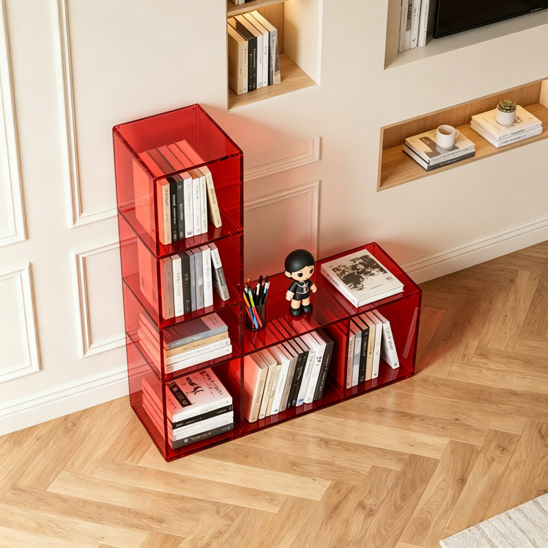 Bibliothèque moderne en acrylique rouge, (4 tablettes) H 47,24 po x l 39,37 po x P 11,81 po