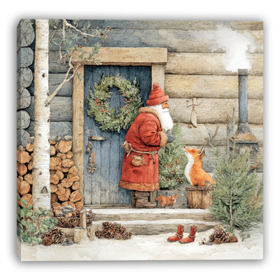 «Santa and Fox at Cabin Door», art mural sur toile