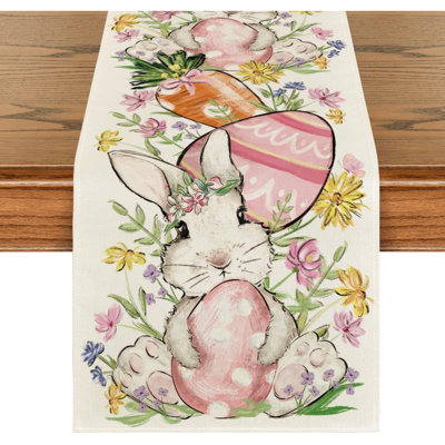 Bunny Rabbit Egg Flower Easter Table Runner, Seasonal Spring Kitchen Dining Table Decoration For Home Party Decor