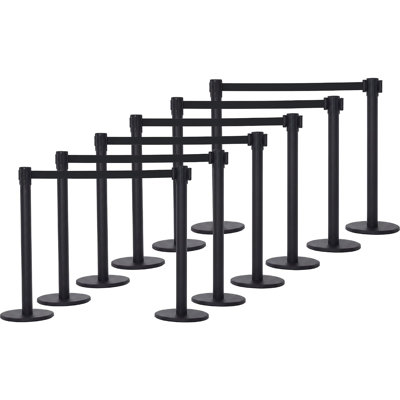 6‑Pack Carbon Steel Crowd Control Stanchions, Queue Barriers with 6.6ft Black Retractable Belt, Concrete‑Filled Solid Weighted Base