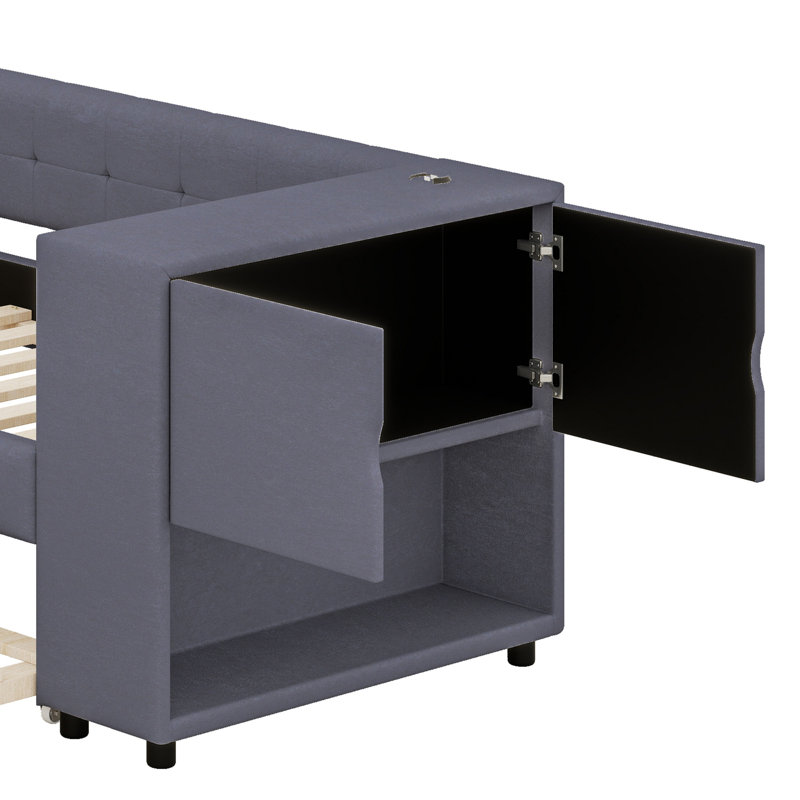 Lit rembourré avec rangement et lit gigogne, ports de chargement USB, Gris