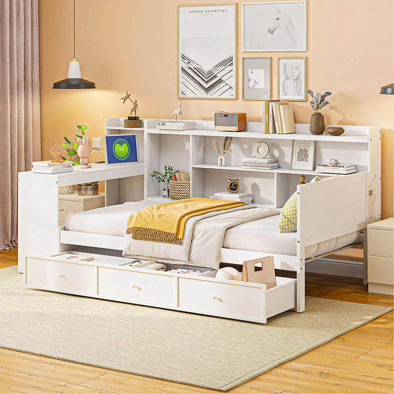 Lit de jour simple en bois avec 3 tiroirs, ports USB et bureau, blanc, Lit simple