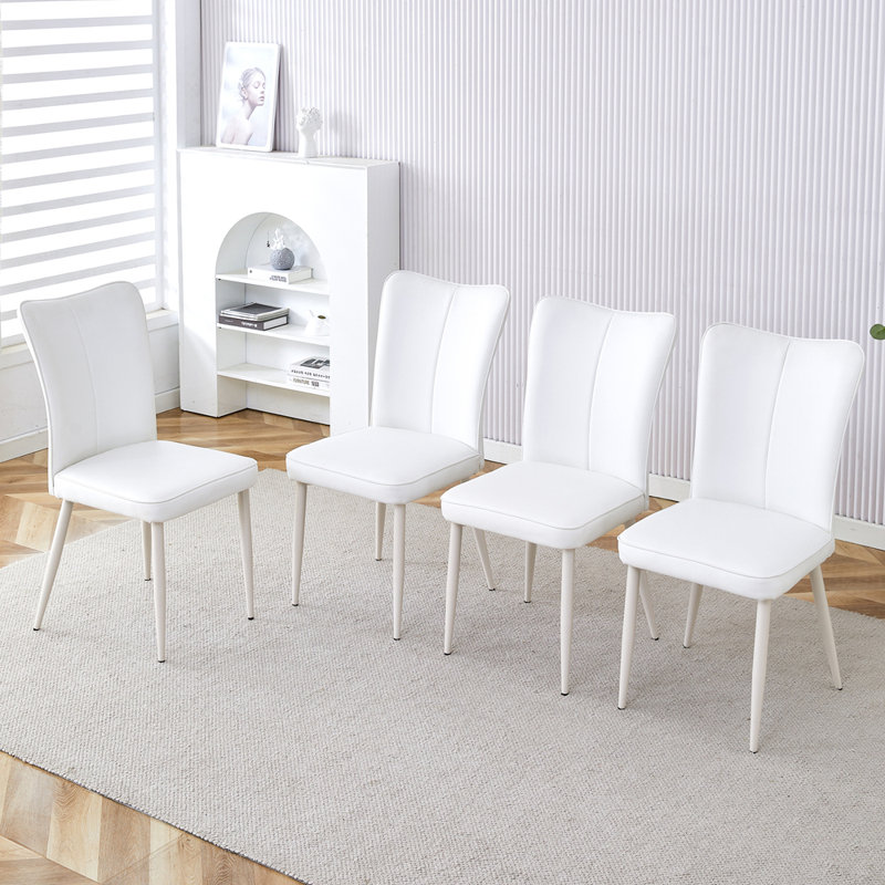 Chaise de salle à manger moderne et minimaliste, dossier et coussin de siège incurvés en similicuir blanc, pieds de chaise en métal blanc