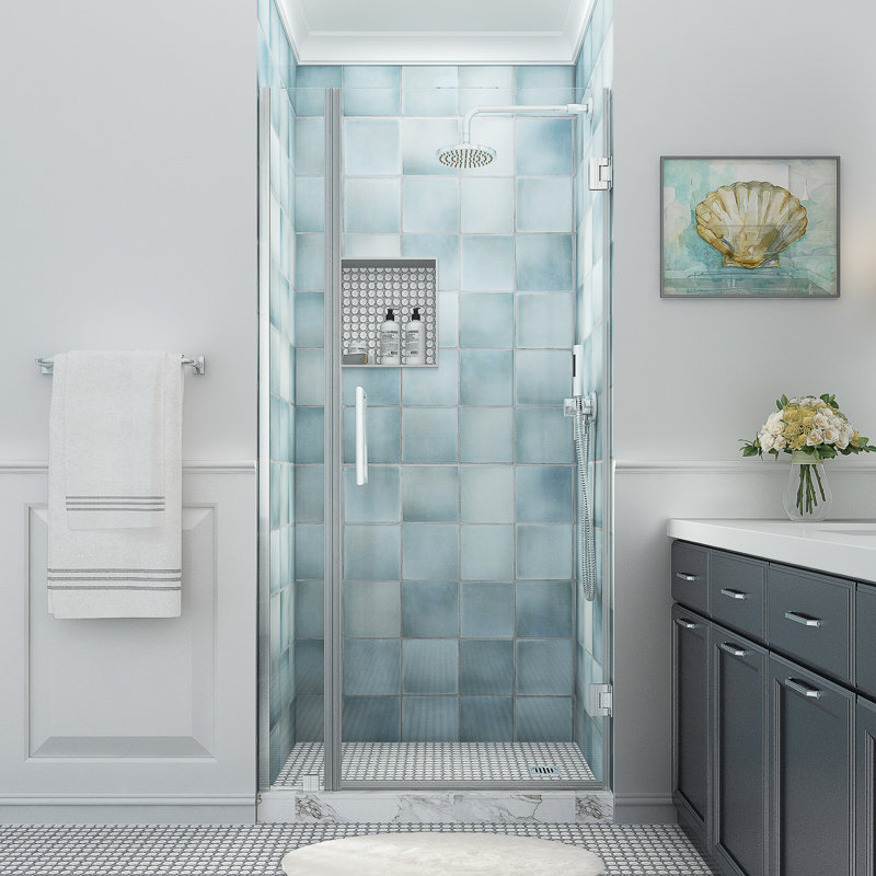 Belmore XL 41.25" W x 80" H Hinged Frameless Shower Door with Ultra-Bright Glass, Stainless Steel, Clear Glass