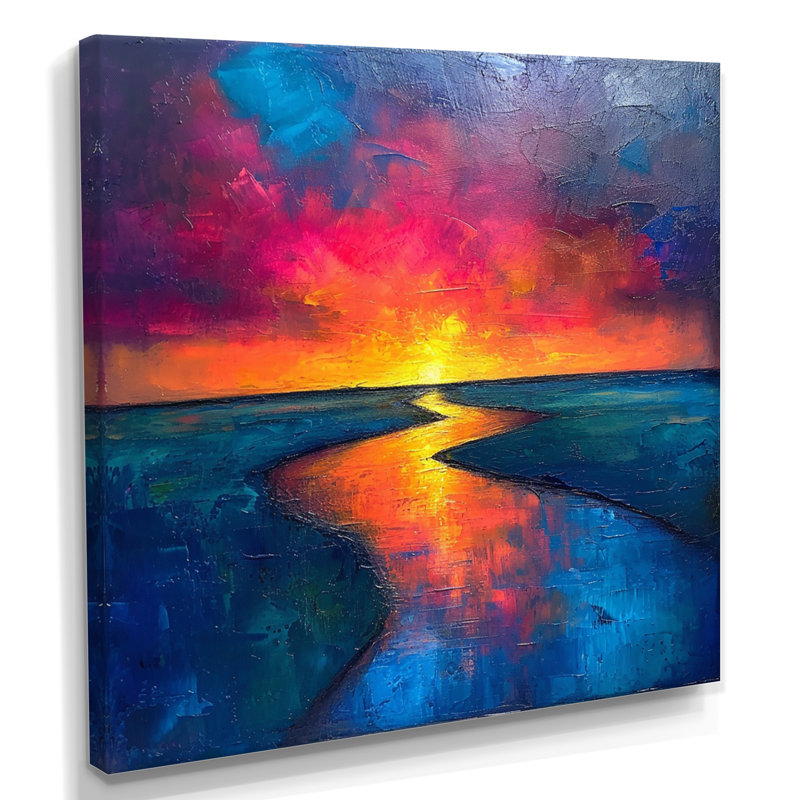 Coucher de soleil jaune sur la rivière bleue, Toile tendue, H 16 po x l 16 po x P 1 po
