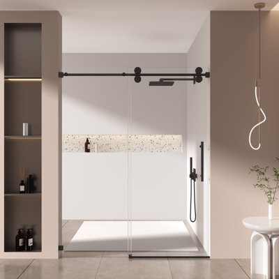 56”-60”W*76”H Single Sliding Frameless Shower Door with 3/8”(10mm) Thickened Upgrade Tempered Glass,stainless steel hardware,Matte Black