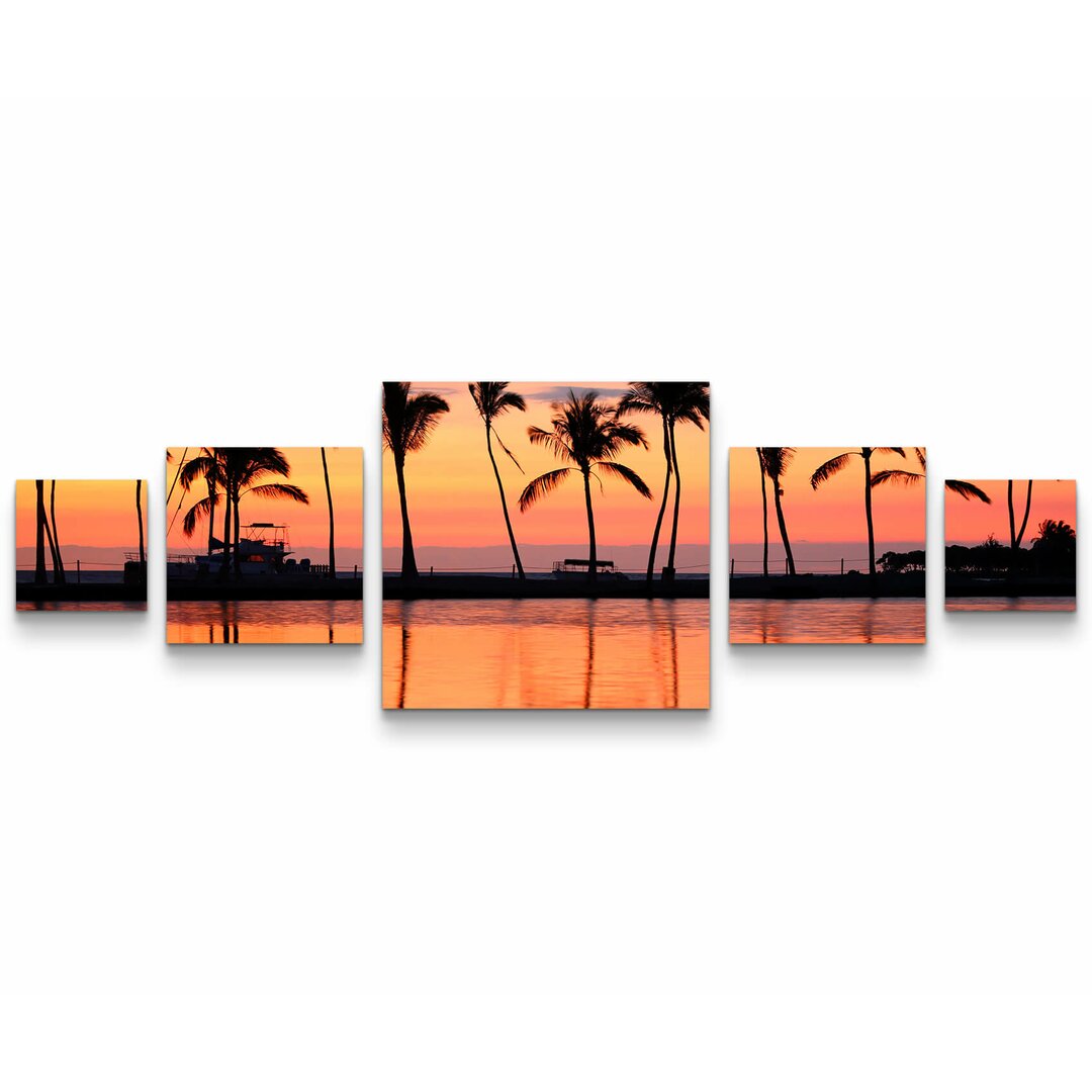 5-tlg. Leinwandbilder-Set Paradiesischer Sonnenuntergang mit Palmen auf Hawaii