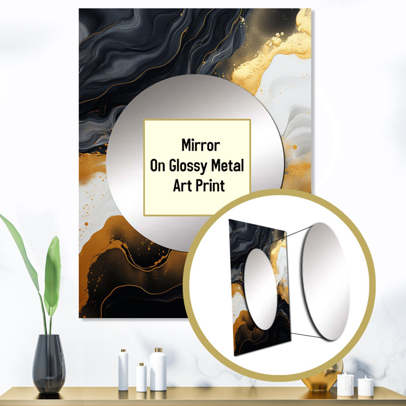 Shameekia or et marbre noir Essence I - grand miroir en marbre, décor de miroir mural moderne unique, impression d'art en métal